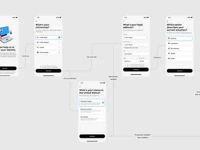 Onboarding user flow arrows button choice condition connectors design form grayscale illustration input field interaction light radio buttons text field ui user flow ux white