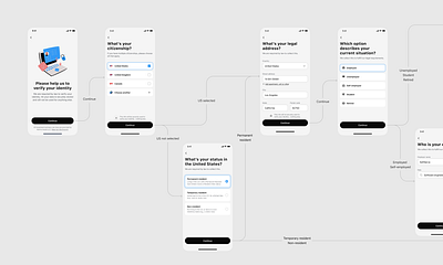 Onboarding user flow arrows button choice condition connectors design form grayscale illustration input field interaction light radio buttons text field ui user flow ux white