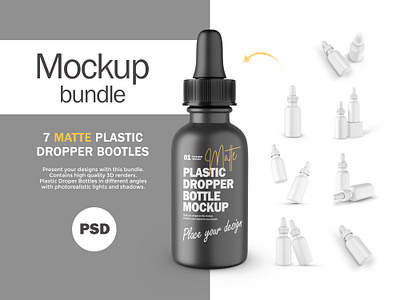 3D Matte Plastic Dropper Bottles - 7 PSD Mockups 3d render beuty bottle bundle cosmetic cream dropper face care matte mockup package photoshop pipette plastic product psd mockup serum skin care template