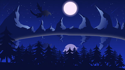 Fantasy Landscape with Full Moon dragon falling star fantasy illustration lake landscape moon night stars vector