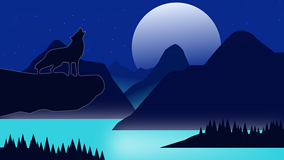 Lone Wolf among the Mountains illustration landscape moon moonlight mountainlandscape mountains night nightsky nighttime river stars vector vectorart vectorillustration water wolf