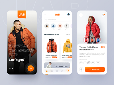 JAB Streetwear: Fashion Store App (Mobile) app bold challenge cool design designchallenge ecommerce fashion fomo hyperfantasy mobile odama orange street streetwear studio ui ux wear young