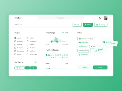 FindRest — Filter Screen booking clean design figma filter food interface onlinebooking pricerange product rating restaurant service ui uielements ux uxui web website