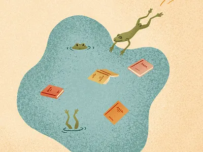 Frogs and Books Illustration blue books childrens book editorial editorial illustration flat illustration frogs green illustration inktober kids book pond procreate spot illustration texture water
