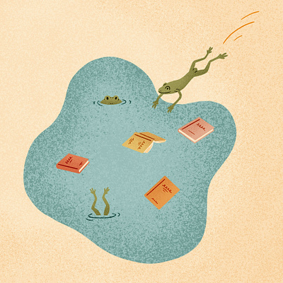 Frogs and Books Illustration blue books childrens book editorial editorial illustration flat illustration frogs green illustration inktober kids book pond procreate spot illustration texture water