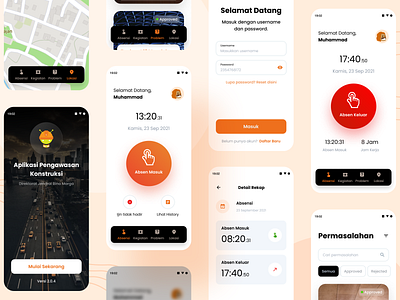 Aplikasi Pengawasan Konstruksi - Attendance Apps android attendance auth bar black bottom clean design home light menu modern orange professional screen splash ui ux welcome