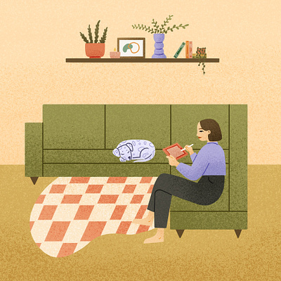 Cozy self illustration art contemporary dalmatian dog drawing flat illustration green house illustration inktober ipad modern plants procreate purple quarantine shelf tablet texture