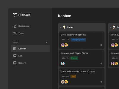 Simple kanban board - Dark Mode board components dark mode darkmode dashboard design system jira kanban managment scrum sprint task tasks to do todo trello ui ux