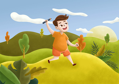 The son of the sun 2d 3d character colorful design illustration kid lanscape morning mountain sunshine texture tree