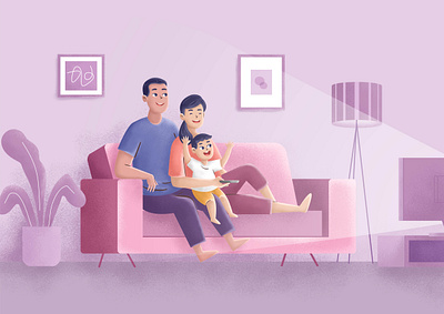 Family time 2d 3d character child colorful design family father illustration interior living room mother son texture tv watching