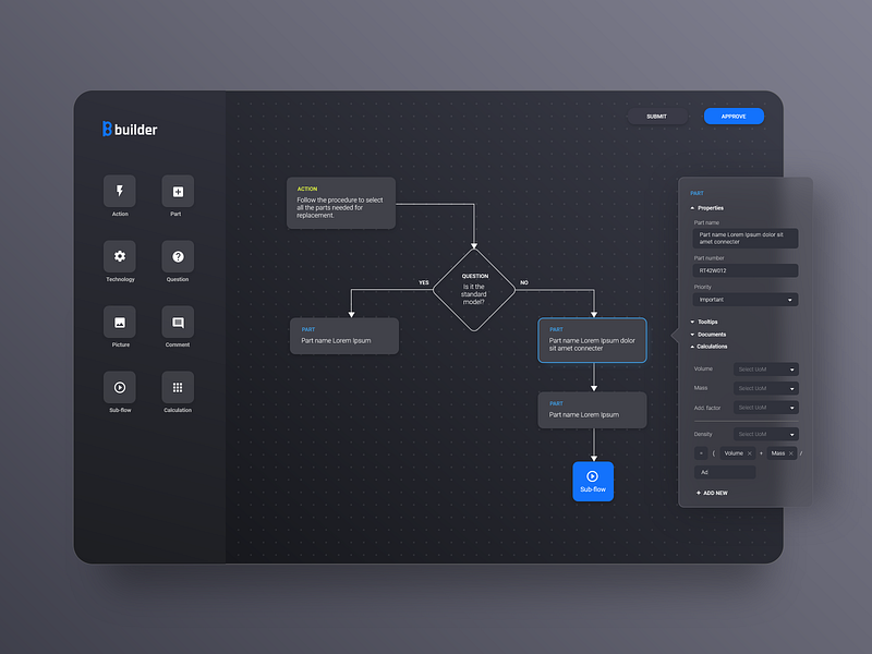 Action lists in administrator mode admin mode automotive configuration dark darkmode design diagram errors flow diagram gojs properties ui ui design