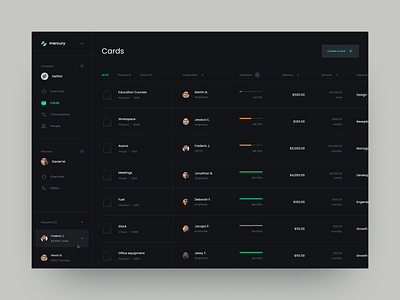 Card management service app cards clean design dark desktop finance fintech management minimal product saas spreadsheet table ui ux web