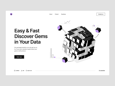 Datagem ː data analysis, landing page analysis blockchain analystics charts crypto solution cube data defi digital product graphs hero section illustration isometric landing page roadmap ui ux web3 website