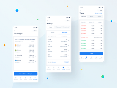 Fintech Mobile App — Exchanges, History, Trade crypto crypto app cryptocurrency deposit exchanges history light mode market mobile mobile app mobile design order book product design trade trading transactions transfers ui ux withdraw