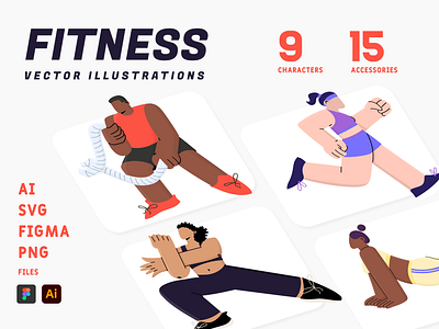 Fitness vector illustrations exercising character fitness app fitness character fitness illustration pack fitness vector illustrations fitness website gym app gym illustrations health health app stretching character svg fitness pack vector fitness characters