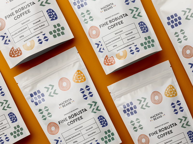 Macenta Coffee Pouches africa branding coffee color colours guinea identity macenta minimal packaging pattern pouch robusta