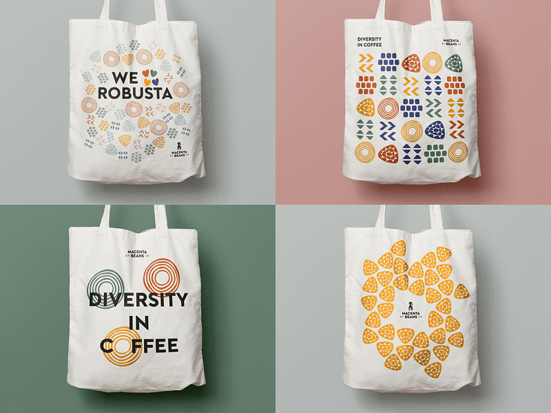 Macenta Beans, Tote designs for Crowd Funding Campaign africa bag branding coffee colourful colours macenta palette pattern rebrand robusta swag tote