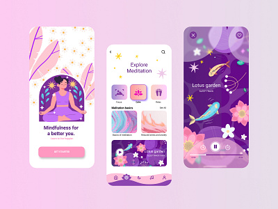 Meditation Mobile App UI Design app app design app illustration colorful design femine illustration medicine meditation meditation app meditations player relax typography ui ux vector wellness yoga yoga app