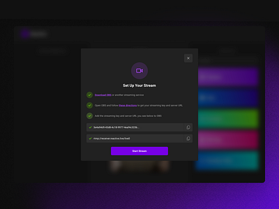 Start Stream Modal authentication clean design dialog digital flat minimal modal purple shopify simple streaming ui web web app