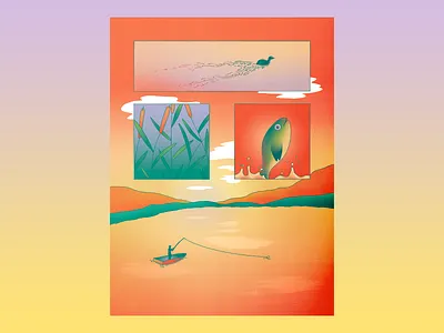 Lake Time Serenity boat cattail clouds comic dream dreamy duck fish fishing gradient illustration jump lake minimal mountains neon panel procreate serene wake