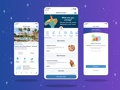 Disney Room Delivery branding cartoon characters delivery disney hotel magic mobile ordering purple stars ui user experience ux