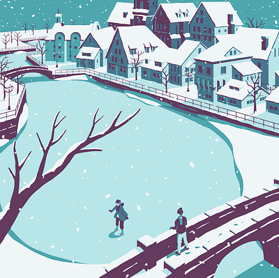 Lakeside Wintry Refuge gif holidays ice iceskating illustration illustrator lake minimal postcard smalltown snow town winter