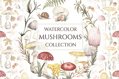 Watercolor Mushrooms Collection background clipart design endless florals forest fungi fungus graphics hand drawn illustration invitation life cycle mushroom pattern mushrooms nature pressed florals repeat paper seamless pattern watercolor