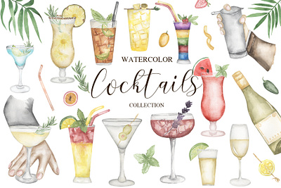 Watercolor Cocktails Collection bartender beverages branding clipart cocktails design drink graphic design hand drawn illustration logo menu restaurant watercolor