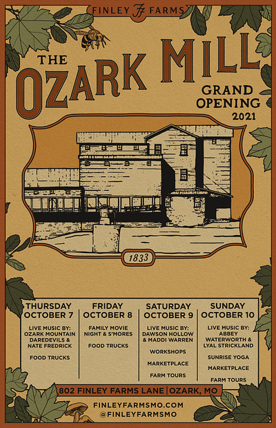 Ozark Mill Grand Opening Poster adventure branding design explorer farm historic illustration logo mill ozark restoration