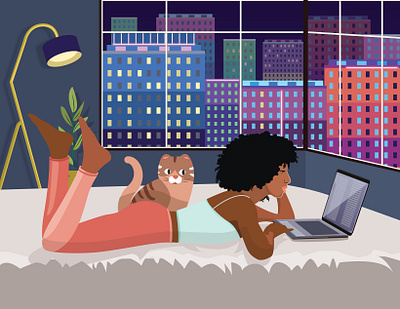 Woman #6 | Studying in the evening with a laptop apartment art artwork banner beauty card city cityscape evening female flat girl illustration laptop neon relax studying vector windows woman