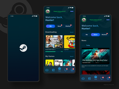Redesign Steam Mobile Part 1 (Splashscreen & Home) app design design futuristic game design games modern steam steam mobile ui design valve