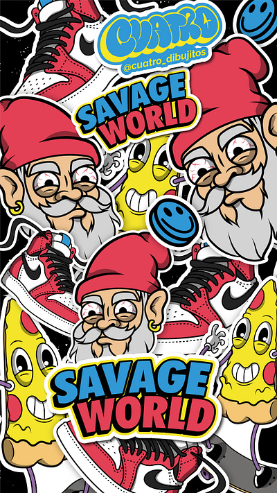 Savage World cartoon design desobidence gnomes graffiti illustration jordan pizza sticker art stickers street art vector