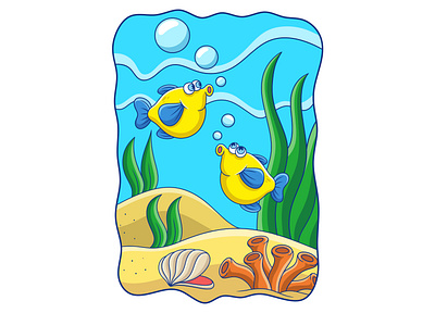 Cartoon illustration two fish playing in the water graphic