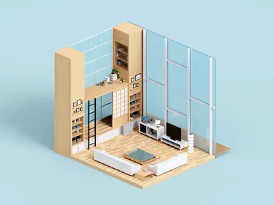 Loft 3d architecture books bookshelf illustration interior minimal render voxel voxelart