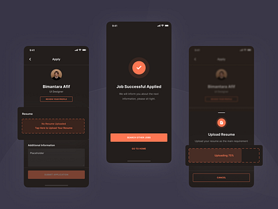 Joboard - Job Apply (Dark Mode) app apply dark mode design hiring hiring platform illustration ios job job application job apply job board minimal mobile submit ui ui kit upload ux vacancy