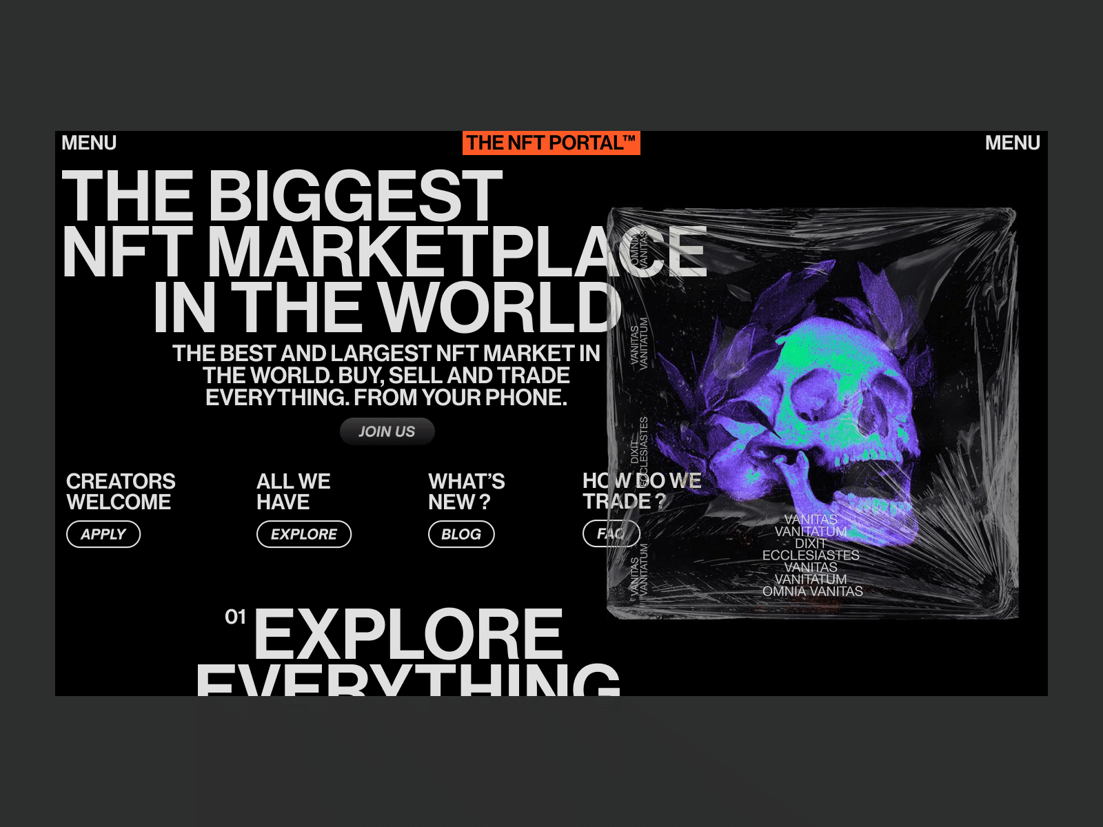 The NFT Portal — Layout crypto cryptoart design ecommerce eth futurist graphic design homepage illustration landing page layout modern nft ui ux webdesign website