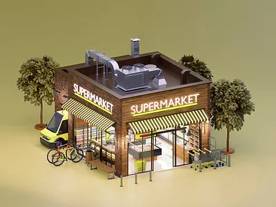 Supermarket 3d architecture design exterior facade grocery illustration small store storefront supermarket