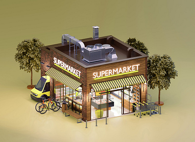 Supermarket 3d architecture design exterior facade grocery illustration small store storefront supermarket