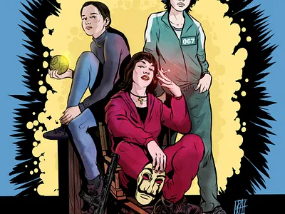 The Streaming Queens comic dark digitalillustration drawing editorial illustration ink moneyheist portrait squidgame streaming