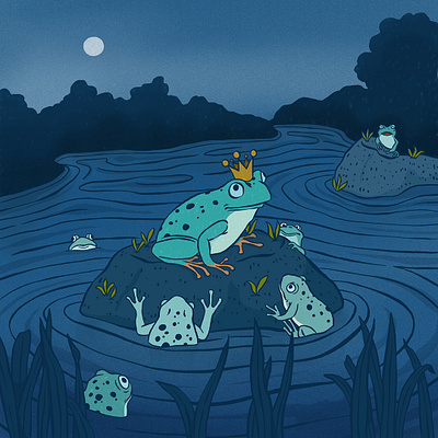 Frog King - October Challenge amphibian animal artober blue crown digital drawing frog illustration king moon moonlight night pond procreate