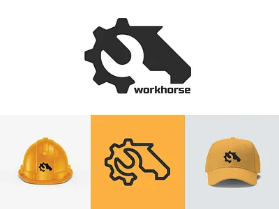 Workhorse logo branding build construction design gear graphic design hardhat horse icon illustration logo strong vector work wrench yellow