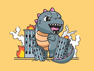 Godzilla🦖🏢🔥💥 animal branding building cartoon character cute dinosaur doodle fantasy fire flat godzilla icon illustration logo mascot monster movie sketch wild