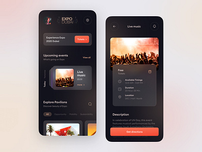 Expo 2020 Dubai app redesign app appdesign component dark design dubai expo expo2020 expodubai glassmorphic slider uae ui ui ux ui design uidesign uiux ux visual