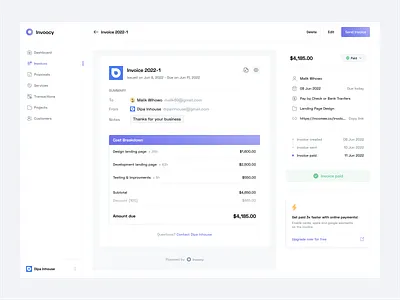 Invoocy - Fintech Dashboard app blue clean dashboard design fintech flat gradient invoice layout minimalist paid payment transaction ui uiux web app