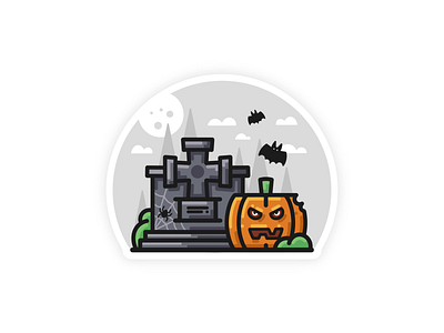 Grave & Pumpkin 2d bat clouds cross flat graphic design grass grave halloween illustration material minimal monument moon procreate pumpkin spider sticker trees vector