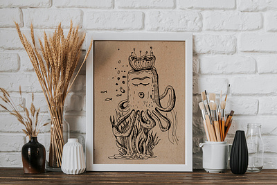 Cute octopus sleep under ocean art artwork childrenillustration cuteart design draw drawing frame graphic design handrawn illustration line linedrawing octopus poster print uniqueart