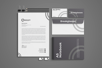 Professional Stationery Set for Breakglasses Repair Glasses branding business card design graphic design letterhead logo stationery typography