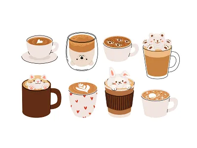 Cute latte art set 3d art beverage cartoon cat character coffee concept cup cute design flat foam hot illustration latte mug vector