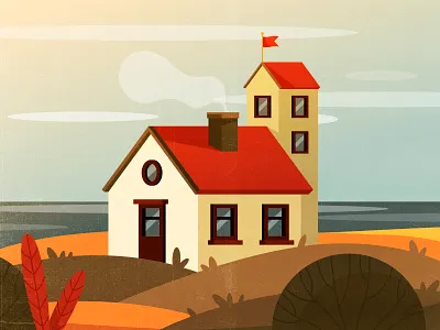 Village autumn cartoon colorful countryside cozy graphic design home illustration outdoor retro rustic sea sky style texture town vector village vintage window