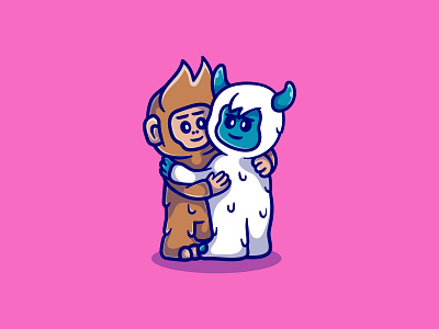 Cute yeti and bigfoot hugging abominable ape bigfoot cartoon character flat design hugging illustration mascot monster primate sasquatch yet